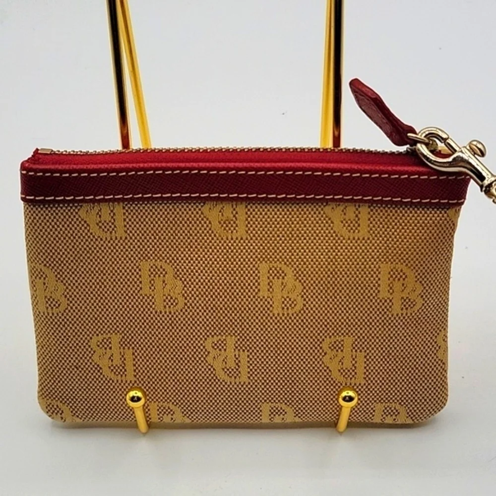 DOONEY & BOURKE Wristlet Tan Canvas DB Logo Red Leather Key Chain inside